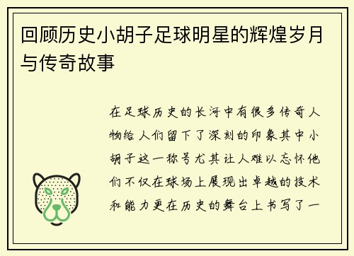 回顾历史小胡子足球明星的辉煌岁月与传奇故事